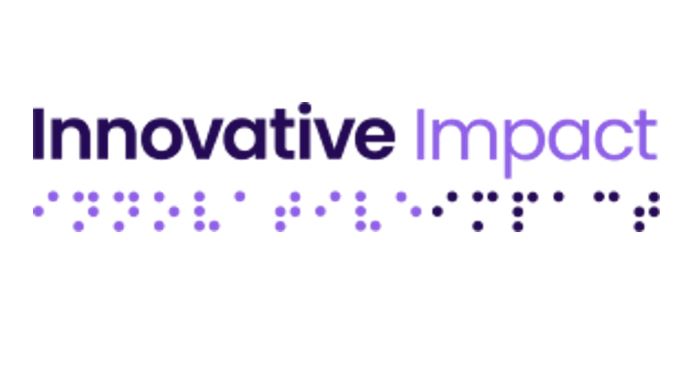 Innovative Impact logo with name written in both text and Braille in purple on white